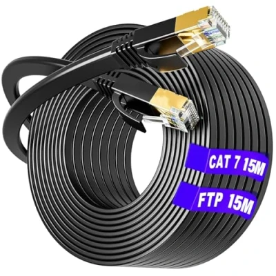 Bild av Nätverkskabel 15m Ethernet Kabel Platt Cat7 Lan Höghastighets RJ45 Cable 10Gbps 650MHz Vit Internetkabel 15 Meter Kompatibel med Cat6 Cat5 Patchkabel för PS5 Router Modem(15 Clips)