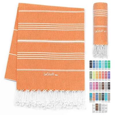 Bild av LeStoff Premium hamam handduk 100% ekologisk bomull förtvättad, hållbar, absorberande och snabbtorkande strand, bad, dusch, yoga, spa resehandduk (95 x 180 cm, orange)