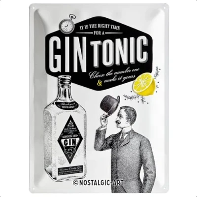 Bild av Nostalgic Art Plåtskylt i retrostil, Gin Tonic Presentidé för cocktailälskare, av metall, Deko vintagedesign, 30 x 40 cm