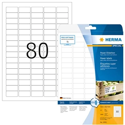 Bild av HERMA 10901 power etiketter A4 (35,6 x 16,9 mm, 25 ark, papper, matt) självhäftande, utskrivbara, extremt stark häftande universella etiketter, 2 000 klistermärken, vit