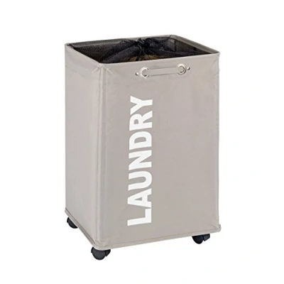 Bild av WENKO tvättkorg Quadro taupe, stabil tvättkorg, med hjul, handtag, 100% polyester, kapacitet 79 L, 140 x 60 33 cm
