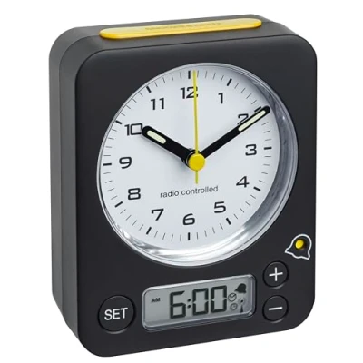 Bild av TFA Dostmann radiostyrd väckarklocka Combo, 60.1511.01.07, tid analog och digital, tyst, allroundbelysning, reseväckarklocka, svart, gul