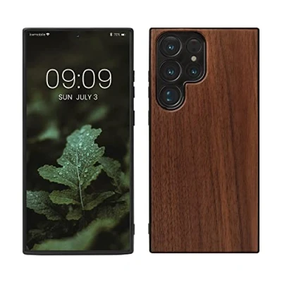 Bild av kwmobile Äkta träfodral kompatibelt med Samsung Galaxy S23 Ultra fodral hårt träskydd mjuk TPU stötfångare mörkbrun