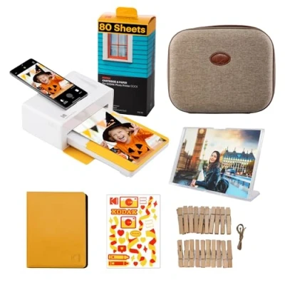 Bild av KODAK Dock Plus PD460 med 90 stycken fotopapper och tillbehör, bärbar fotoskrivare för smartphones, omedelbar fotoutskrift, 10 x 15 cm, iOS Android, Bluetooth dockning, gul vit