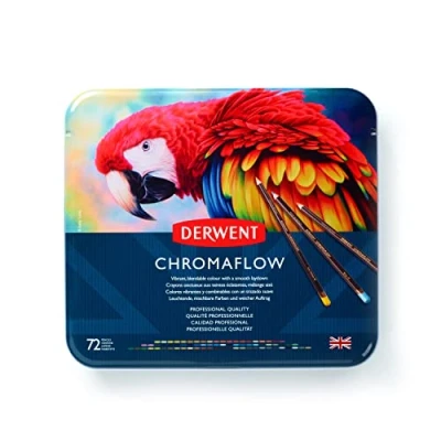 Bild av Derwent Chromaflow Färgpennor i Metallask, Set med 72 Pennnor, Rund 3,5mm Bred Färgkärna, Tåligt Stift Av Hög Kvalitet, Lätta Att Blanda, Professionell 2306014, Svart, färger