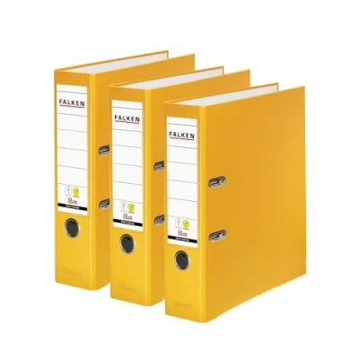 Bild av Original Falken 3 pack PP färgmapp. Tillverkat i Tyskland. 8 cm bred DIN A4 gul vegansk plastmapp ringmapp mapp brevmapp kontorsmapp spårmapp