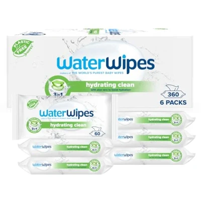 Bild av WaterWipes Hydrating Clean Baby Wipes, 360 återfuktande våtservetter för barn (6 Packs), med 99% vatten och aloe vera extrakt, ansikte kropp