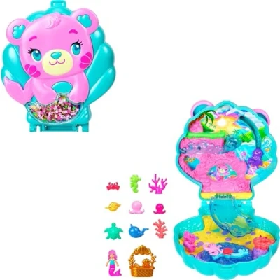 Bild av Polly Pocket dockor och lekset, Glitter Island lekväska, reseleksak med en sjöjungfrudocka i mikroformat, havsdjur tematillbehör, JCB16