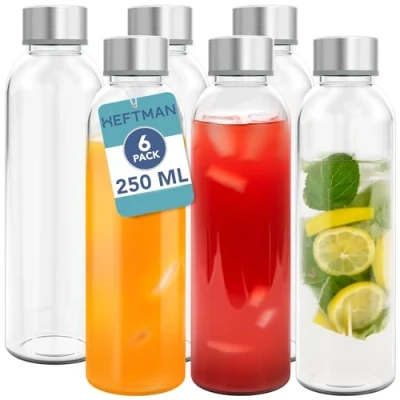 Bild av HEFTMAN 250 ml glasflaskor med lock 6 pack tomma glasvattenflaskor, lufttät, läckagesäker, i rostfritt stål vatten, smoothies, juiceflaskor och rengöringsborste för arbete, gym, hem