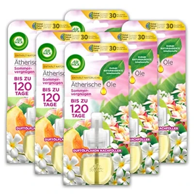 Bild av Air Wick Påfyllningsmedel för doftspridare med doft av sommarnöje, blommig, fräsch rumsdoft, set 6 doftoljor, plastfri förpackning