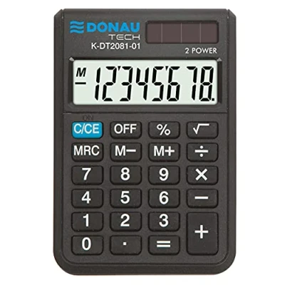 Bild av Kalkylator DONAU TECH/K DT2081 01 8 siffrig rotfunktion/90 x 60 11 mm/färg: svart/dator med display/Dual Power Solar batteridrift, kompakt design