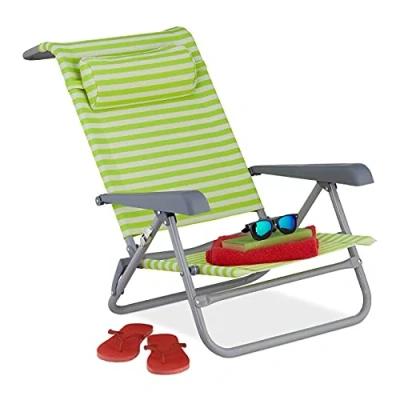 Bild av Relaxdays Vikbar solstol, justerbar i 8 steg, strandstol med nackkudde, armstöd och flasköppnare, grön/vit, 50% stål, 1 styck