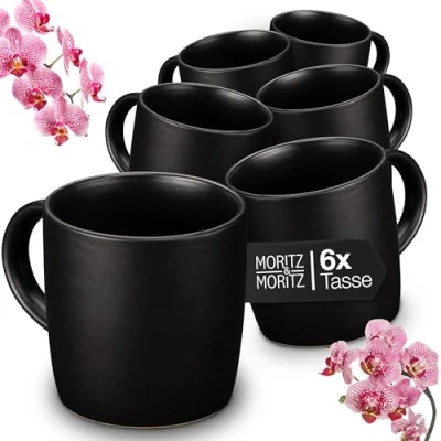 Bild av Moritz &amp; NORDIC kaffekoppar set 6 delar Svart ca 300 ml tillverkad av högkvalitativt stengods snygg design med handtag koppar för kaffe, te, varm choklad, cappuccino