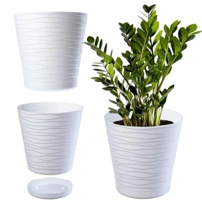 Bild av KADAX Blomkruka med underlägg, planteringskruka för inomhus, lätt blomkruka, växtkruka av plast, rund ytterkruka blommor, växter, hus, (30 cm, vit)