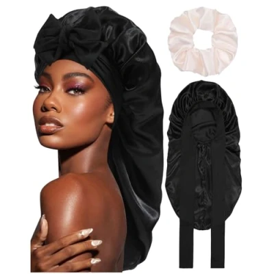 Bild av Coubeau Lång sovmössa satin bonnet sidenhuva för sömn natt sovmössa, justerbar huvudbonad, mjuk huvudmössa, silke med elastiskt band kvinnor och flickor