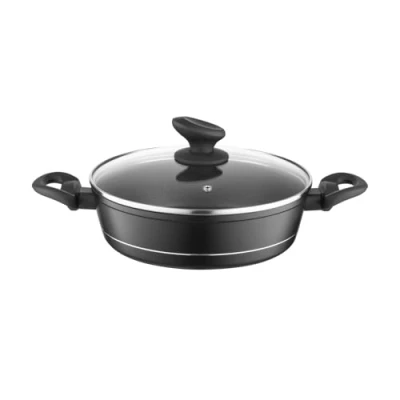 Bild av FLORINA Aluminiumkittel (1,3 l) 20 cm I Kokkittel DELUX med Glaslock Måttbägare &amp; Repskyddsbeläggning Låg Induktionsbotten Lämplig för Induktionshäll (Svart)