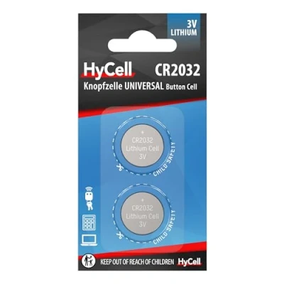 Bild av HyCell 2 x CR2032 batteri litium knappcell 3 V, högkvalitativa knappbatterier/perfekt för bilnyckel TAN enhet miniräknare barnleksak fjärrkontroll klockor etc.