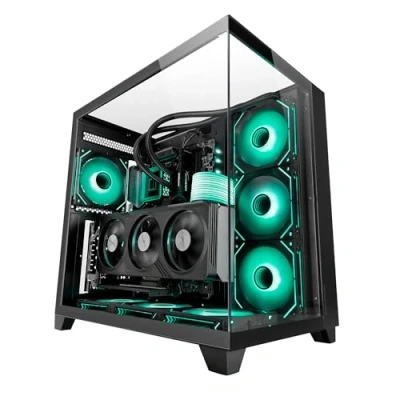 Bild av MARSGAMING MC 3C, ATX Gaming Chassi, 3D Panoramautsikt med Trippel Härdat Glas, Dubbelsidig Kammardesign, Full Support för Vattenkylning, Semitorn Kabelhantering, Svart