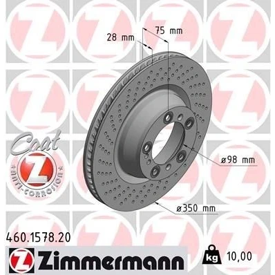 Bild av ZIMMERMANN COAT Z 460.1578.20 Disque de frein 350 28 8/5 5 130 ventilé l&#039;intérieur, troué revêtu PORSCHE: 911 Coupe, Cabriolet