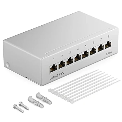 Bild av deleyCON CAT 6 Patchpanel 8 Portar 1U Bords och Väggmontering Skärmad 8x RJ45 Uttag LAN Nätverksinstallationskabel TIA568A TIA568B RAL 7035 Ljusgrå