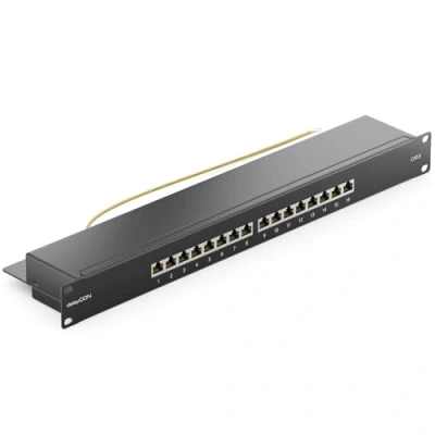 Bild av deleyCON CAT 6 Patch Panel Distributionspanel 16 Port Stationär 19 Tums Rackmonterad Servermontering RJ45 Skärmad TIA568A TIA568B Svart