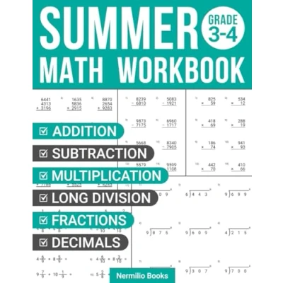 Bild av Summer Math Workbook 3 4 Grade: Addition, Subtraction, Multiplication, Long Division, Fractions, and Decimals Worksheets for a Joyful Transition from 3rd to 4th Grade