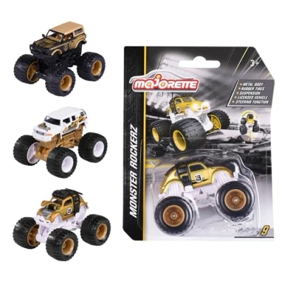 Bild av Majorette 212054033Y06 Monster Rockerz Monstertruckar i Metall med Frihjul, Gummidäck, Fjädring och Styrfunktion, 1:64, 7,5 cm, Från 3 år, Slumpmässigt Urval, 1 Bil ingår