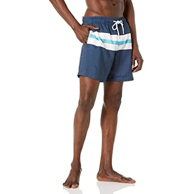 Bild av Amazon Essentials Men&#039;s Snabbtorkande badtröja 18 cm (7 tum), Marinblå Vit Rand, S