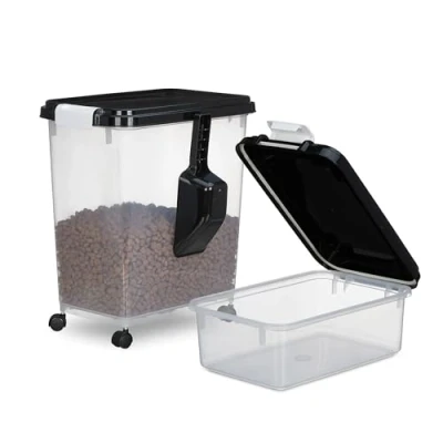 Bild av Relaxdays hundmat förvaringslåda uppsättning av 2, 10 l och 30 l, lock, rullar, spade, foderlåda, transparent/svart