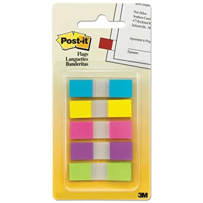Bild av Post it självhäftande remsor Index Mini 6835CBEU färgade anteckningar i 11,9 x 43,1 mm 5 block à 20 ark färger ett praktiskt fodral blå, gul, rosa, lila och grön