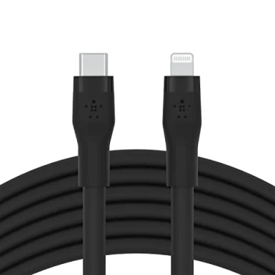 Bild av Belkin BoostCharge Flex silikon USB typ C till Lightning kabel (3 m/10 fot), MFi certifierad 20 W snabbladdande PD strömförsörjning för iPhone 14, 13, 12, 11, Pro, Max, Mini, SE, iPad och mer svart