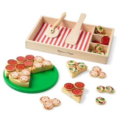 Bild av Melissa &amp; Doug träpizza Låtsas spela leksak i trä Mat för barn Montessori Kreativ lek 3+ Present till pojke eller flicka