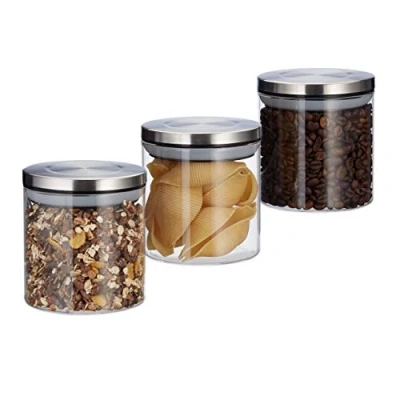 Bild av Relaxdays Förvaringsburk set om 3, 380 ml, lufttät, lock i rostfritt stål, för kryddor, ris och te, köksbehållare, transparent, glas