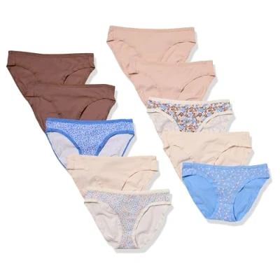 Bild av Amazon Essentials Women&#039;s Bikinitrosor underkläder i bomull (finns plusstorlek), Pack of 10, Blommig/Ditsy blomster/Flerfärgad/Prickar, L