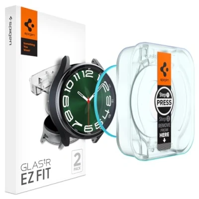 Bild av Spigen Glas.tR EZ Fit Skärmskydd kompatibel med Samsung Galaxy Watch 6 Classic 47mm, 2 Stycken, Sjabloon voor Installatiem, Kristallklart, Responsiv Touch, Case friendly, 9H härdat glas