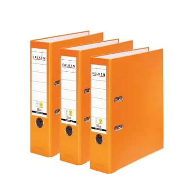 Bild av Original Falken 3 pack PP färgmapp. Tillverkat i Tyskland. 8 cm bred DIN A4 orange vegansk plastmapp ringmapp mapp brevmapp kontorsmapp spårmapp