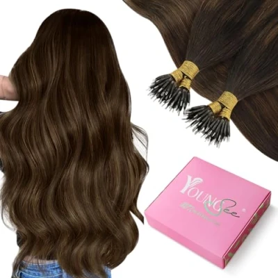 Bild av YoungSee 14&quot; Sweep Hair Extension Cold Pose, Nano ringförlängningar, mänskligt hår, mörkbrun, blandad med medium brun hårförlängning, remy loops, slips och dye 50 g