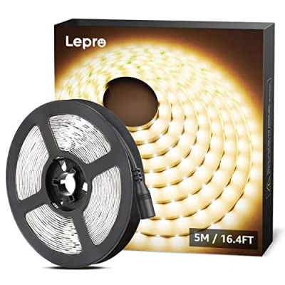 Bild av Lepro LED remsa varmvit, 5 m remsor 12 V självhäftande, band med 300 stycken 2835 lysdioder 2 lumen, 3 000 K varmvit list, vit gör det själv ljusband för inomhus, kök, dekoration, ingen