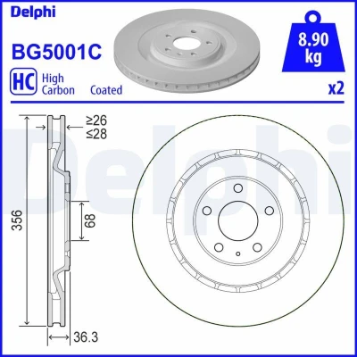 Bild av DELPHI BG5001C Disque de frein 356 28 5 ventilé revêtu à haute teneur en carbone sans roulement roue, bague ABS PORSCHE: Macan