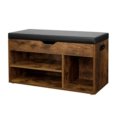 Bild av VASAGLE sko bänk, vadderad, 3 öppna fack, förvaringsutrymme under sätet, skoförvaring, hall, vardagsrum, sovrum, lastbar upp till 150 kg, vintage, mörkbrun LHS30BX