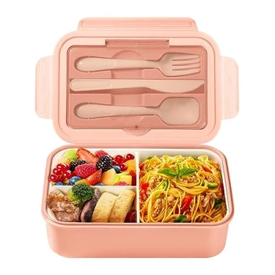 Bild av Diboniur Lunchlåda, lunchlåda med bestick, 1400 ml bentolåda 3 fack för kontor mikrovågsugn (rosa)