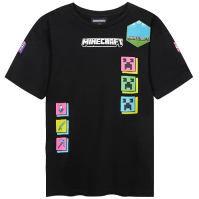 Bild av Få trend topp pojkar tonåringar t shirts paket med 2 eller 1 mjuk andningsbar kortärmad vardaglig sommar spelare toppar multipack shirts, Svart Minecraft Pck, 7 8 År