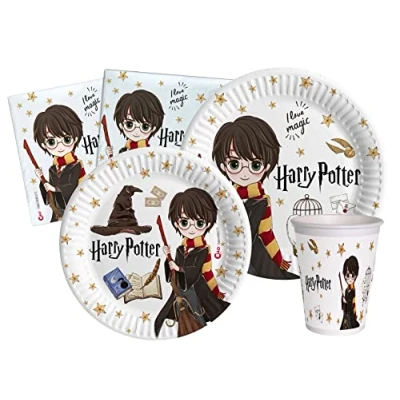 Bild av Party Tableware Set Harry Potter for 24 people (112 pcs: plates Ø23cm, Ø18cm, cups 200ml, 40 napkins 33x33cm) in eco friendly compostable paper