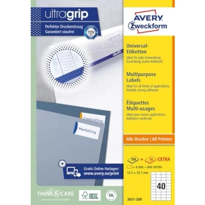 Bild av Avery Zweckform Universal Papper permanent häftning vit 52.5 x 29.7 mm 8000 etikett (er) (200 ark 40) etiketter
