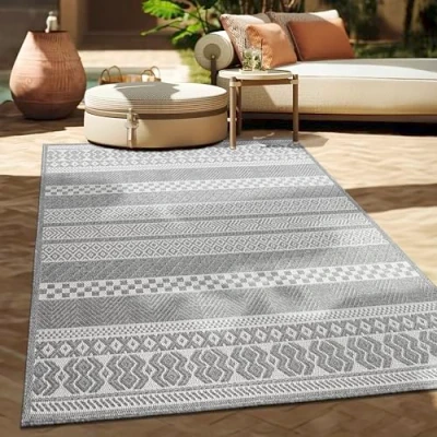 Bild av Paco Home Matta Utomhus Balkong Terrass Köksmatta Modernt Boho Style, Storlek:160x220 cm, Färg:Grå 4