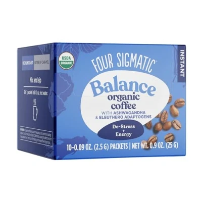 Bild av Organic Instant Adaptogen Coffee by Four Sigmatic Medium Roast with Ashwagandha, Chaga, Eleuthero &amp; Tulsi Immune Support Stress Relief Pack of 10