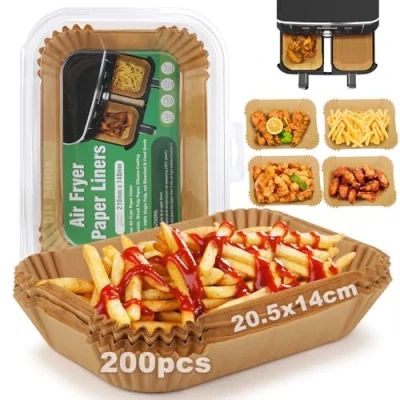 Bild av 200 stycken bakpapper för varmluftsfritös med dubbelkammare, 20,5 x 14 cm Airfryer Ninja Dual Zone/Double Stack, kompatibelt AF300EU AF400EU och andra Zone Air Fryer