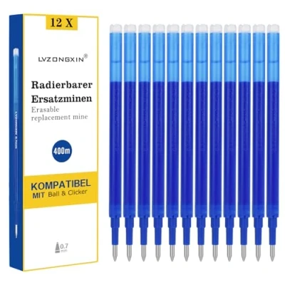 Bild av LVZONGXIN [12 stk] uppgraderade påfyllningar 0,7 mm, kompatibel med PIlot Frixion, (blå), bläckpenna, raderbar, 400 m skrivlängd, utbytbart stift