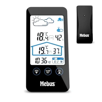Bild av MEBUS Wetterstation mit Außensensor, zeigt Temperatur und Luftfeuchtigkeit innen außen, Wettervorhersage Mondphasen, Displaybeleuchtung, Wecker/Farbe: Schwarz/Modell: 11908, Höhe: 16 cm