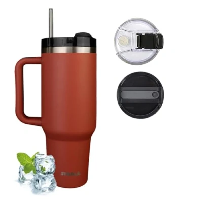 Bild av STARLA Termosmugg med sugrör och handtag 1,2 l stor, 2 lock, läckagesäker, rostfritt stål isoleringskopp, kaffemugg To Go vattenkopp, resemugg, drickmugg (röd rost)